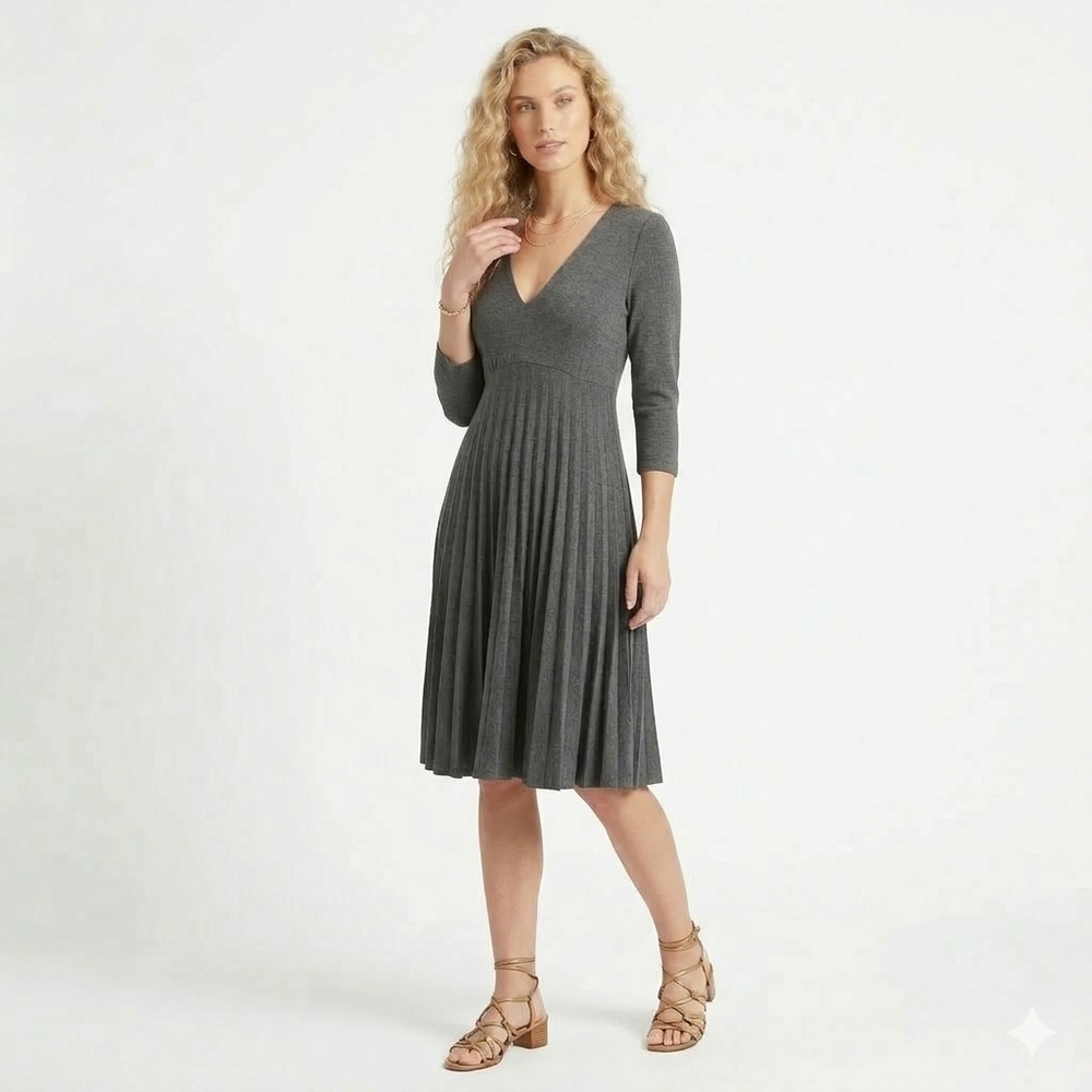 Oleg Cassini Gray Pleated Fit & Flare Midi Dress Size 10